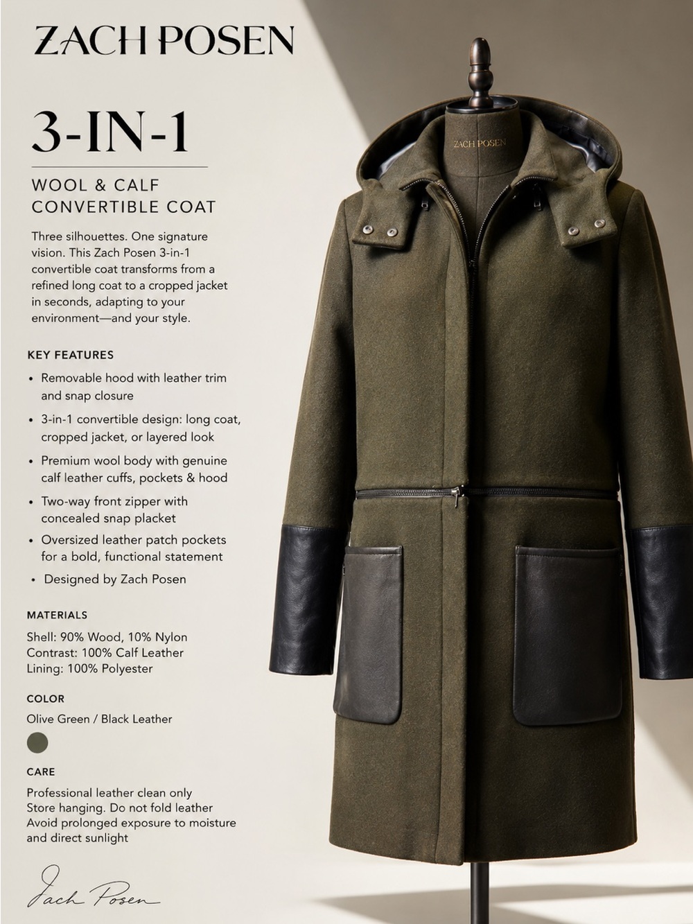 Zach Posen 3-In-1 Convertible Wool Olive Green Calf Leather Trim Hood Luxe